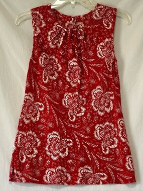 92% Silk Red & White Floral Pleated Tank Blouse, measurements included